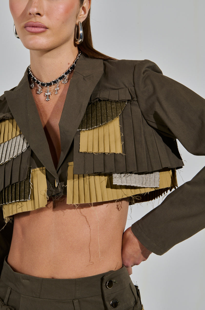 LET ME DOWN SLOWLY CROPPED BLAZER IN OLIVE – AKIRA