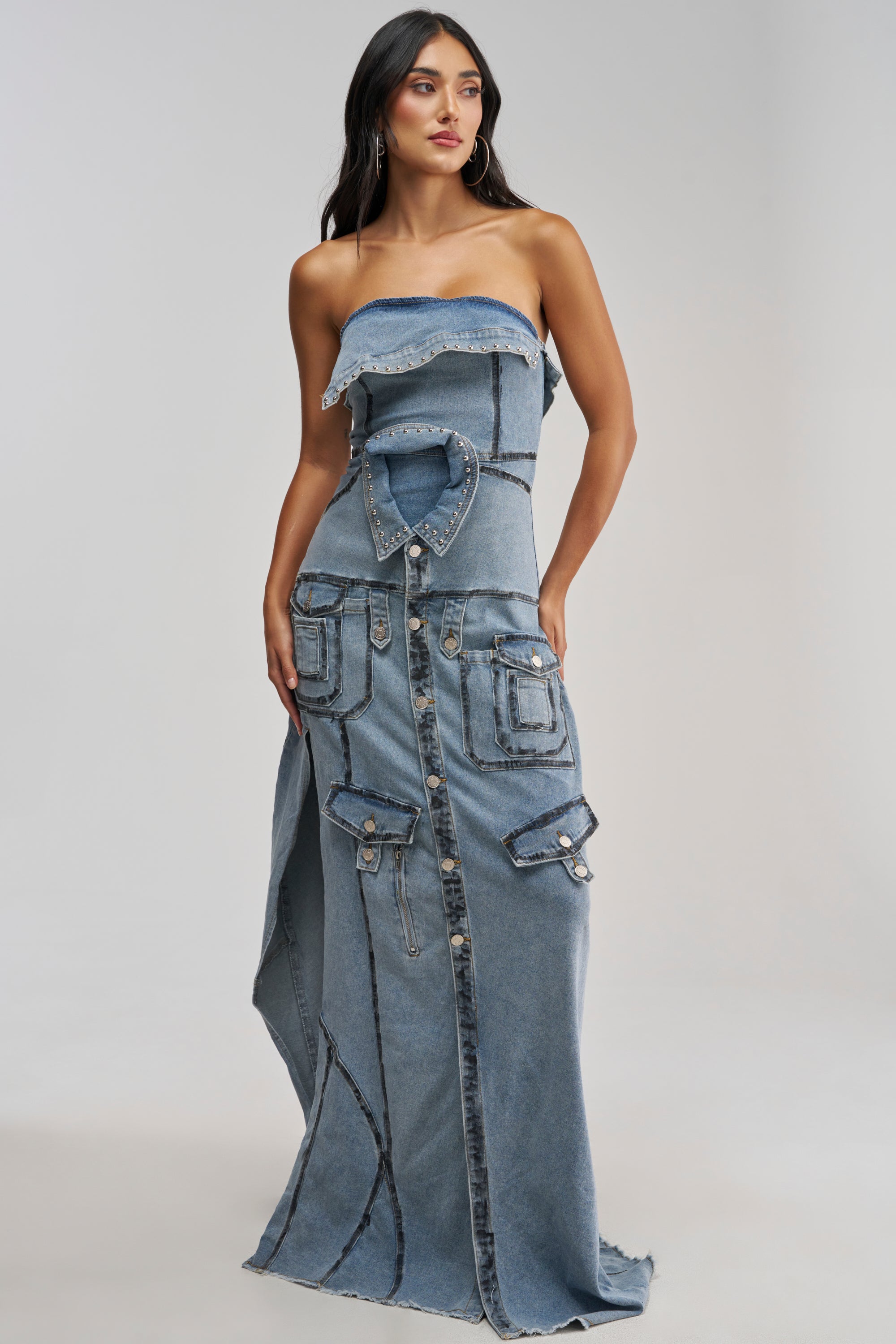 Studded Denim Maxi Dress, Strapless Fitted