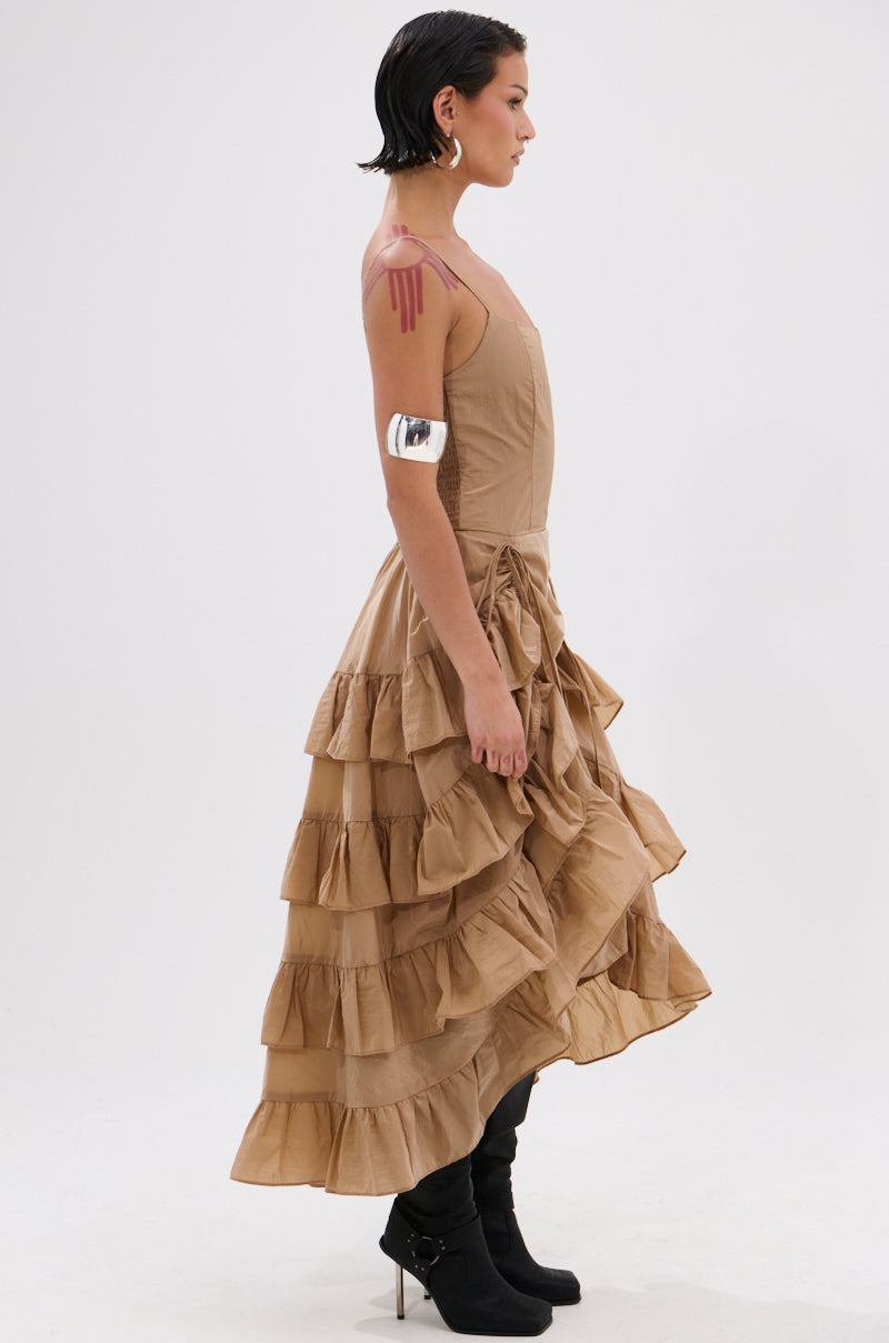 khaki tiered midi dress ADDED DRAMA RUFFLED MIDI DRESS IN KHAKI – AKIRA