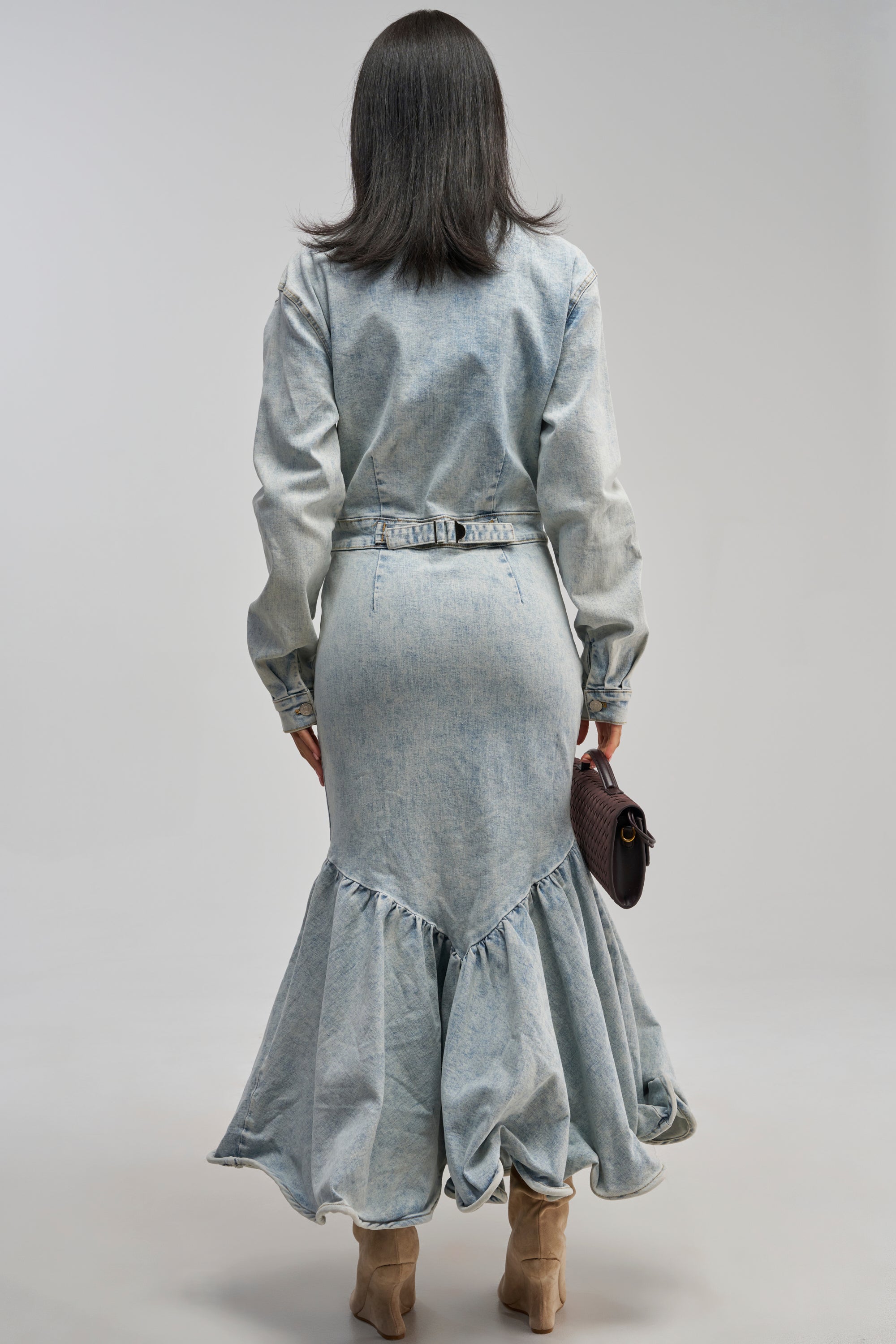 long sleeve denim dress AKIRA For Days Maxi | Light Blue tea-lenght dress Color:Burnt_Orange Khaki Green Backless Maxi Perfect for casual daytime