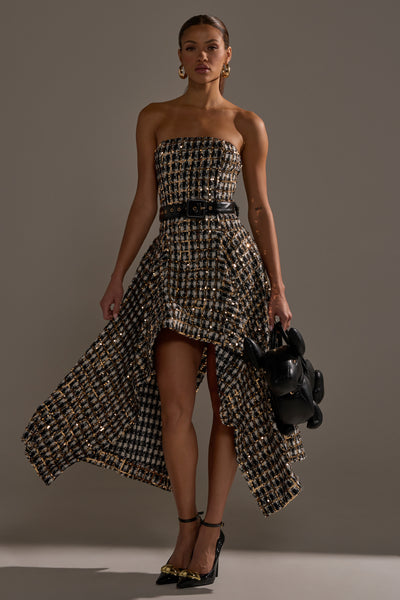 PURE ROYALTY BROCADE HIGH LOW TWEED DRESS WITH SEQUINS – AKIRA