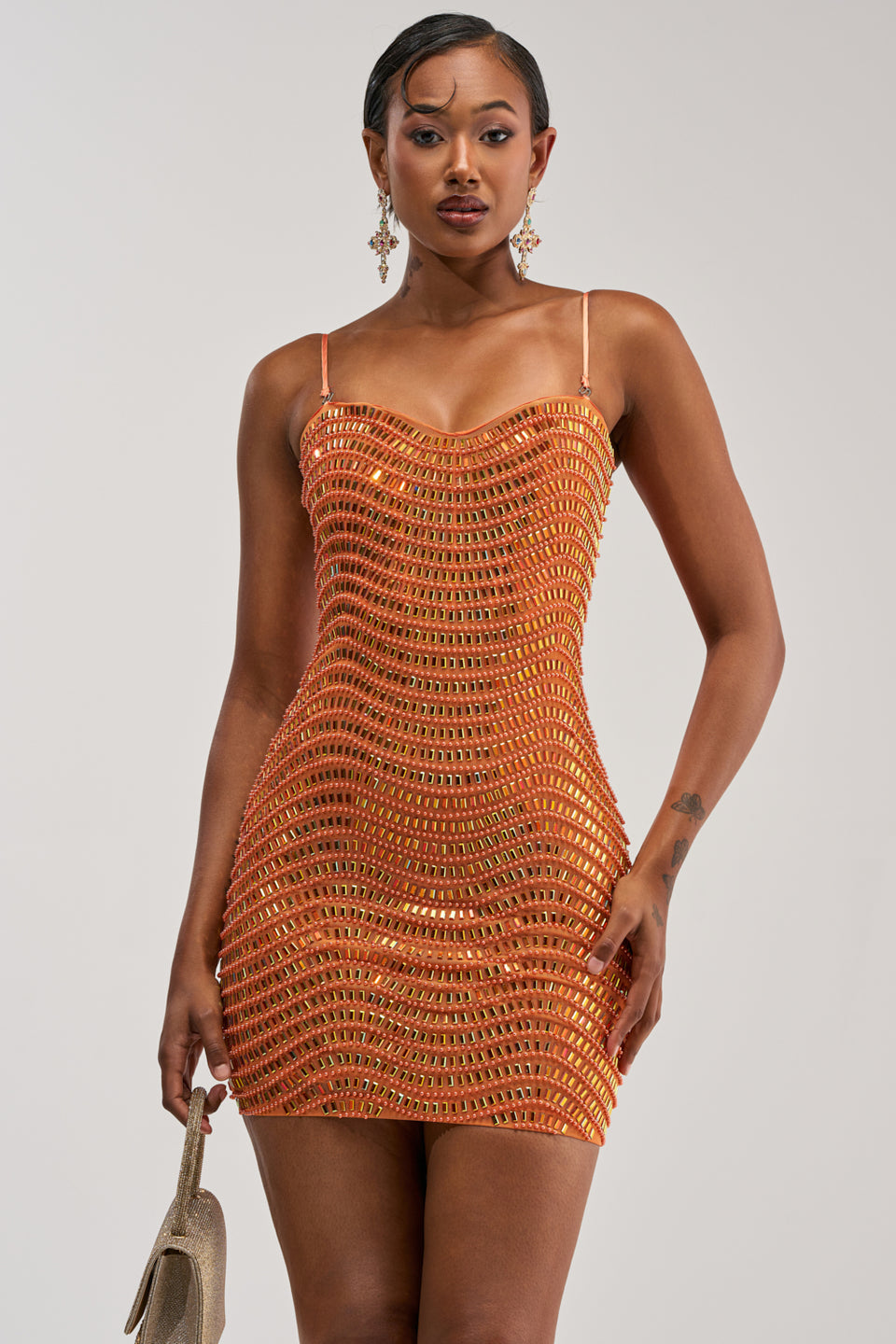 AKIRA Shine On Rhinestone Mini Dress In Orange