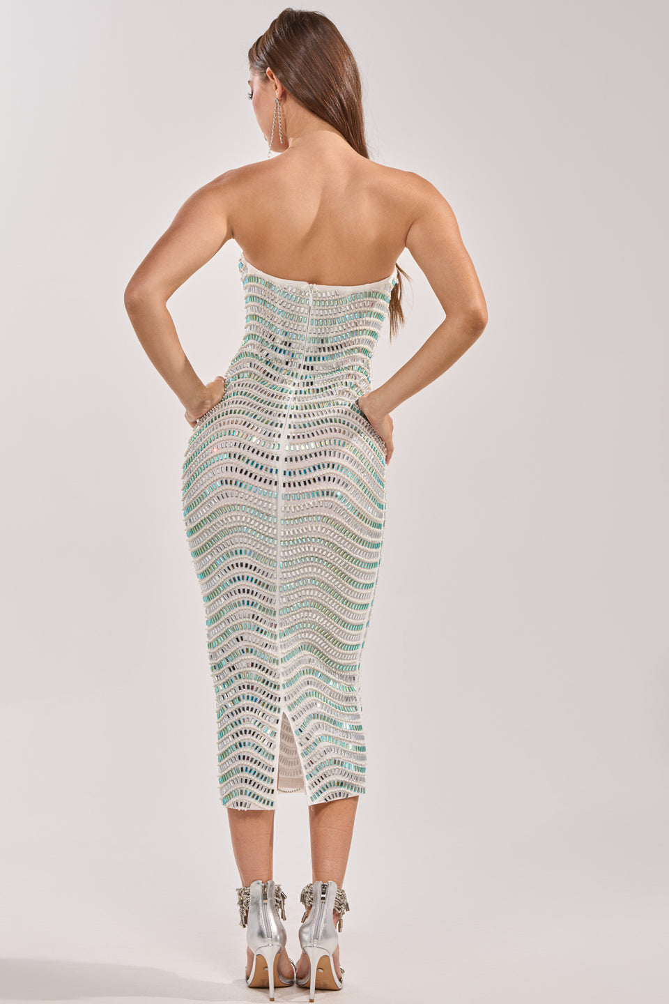 white dress with silver accents White and Silver Embellished Ruffled Skirt Dress 37588