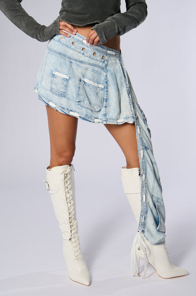 CHAMBRAY DENIM WRAP AROUND MINI SKIRT – AKIRA