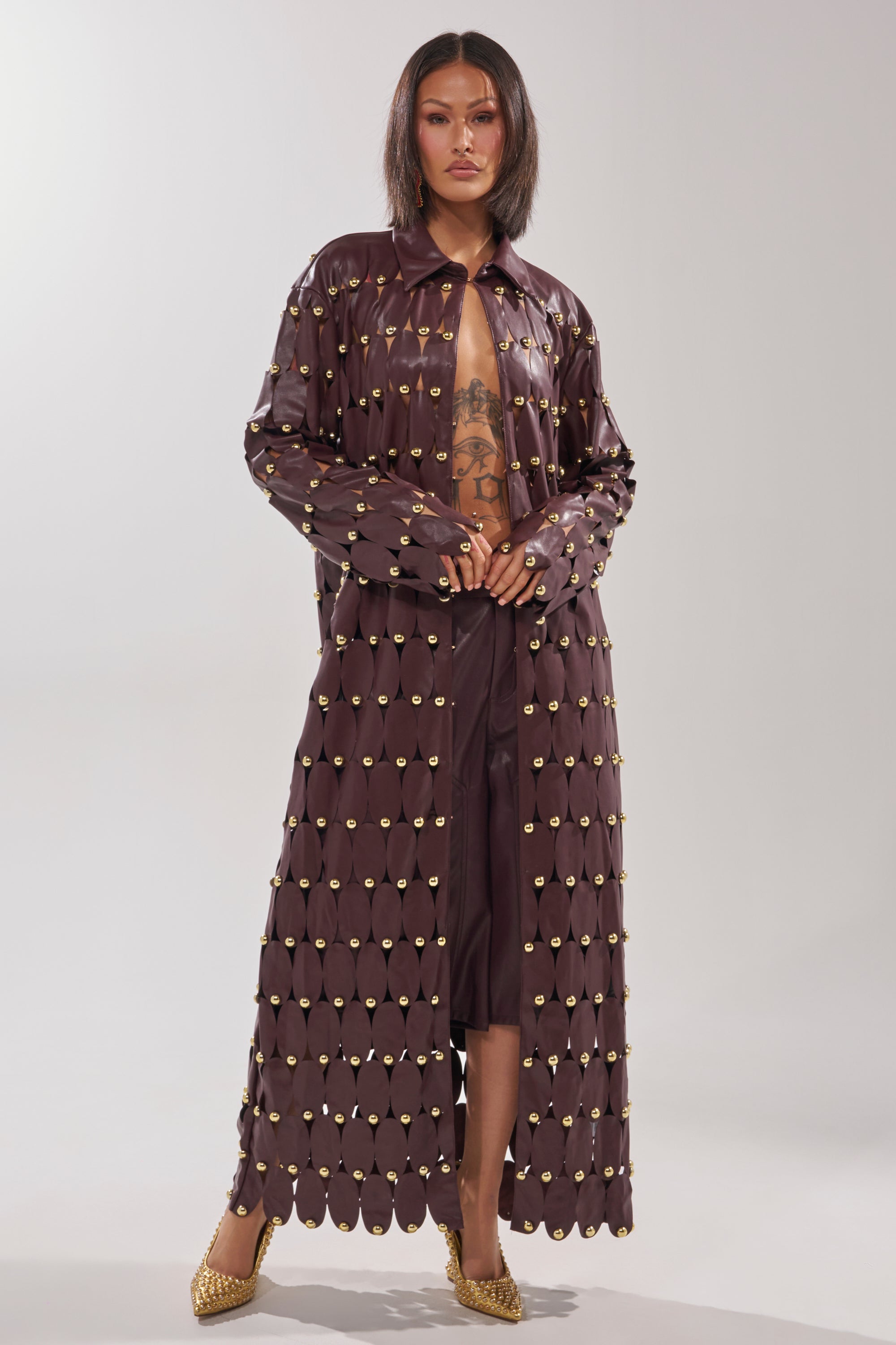 AKIRA The Sneak Peek Studded PU Long Cardigan Sweater | Burgundy | Size XL AKIRA The Sneak Peek Studded PU Long Cardigan Sweater | Burgundy | Size XL