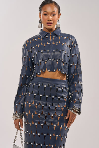 THE SNEAK PEEK STUDDED PU CROP CARDIGAN IN NAVY – AKIRA