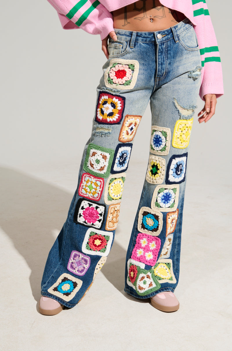 PEACE LOVE CROCHET EMBROIDERED MID RISE DENIM