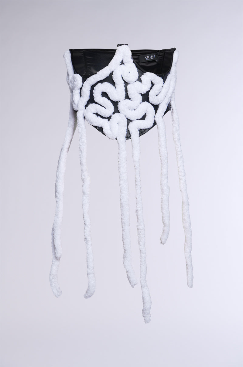 Introducing the AESTHETIC APPLIQUE CORSET BELT, a daring, avant-garde fashion accessory in sleek black. It features sherpa yarn tentacle-like structures that extend downward in an organic, flowing pattern against a neutral backdrop.