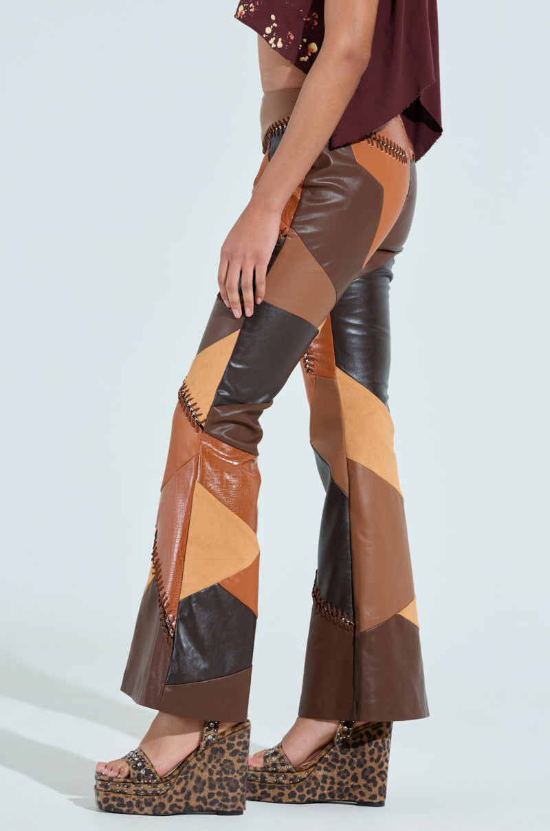 TALK LATER PATCH FAUX LEATHER FLARE PANT – AKIRA