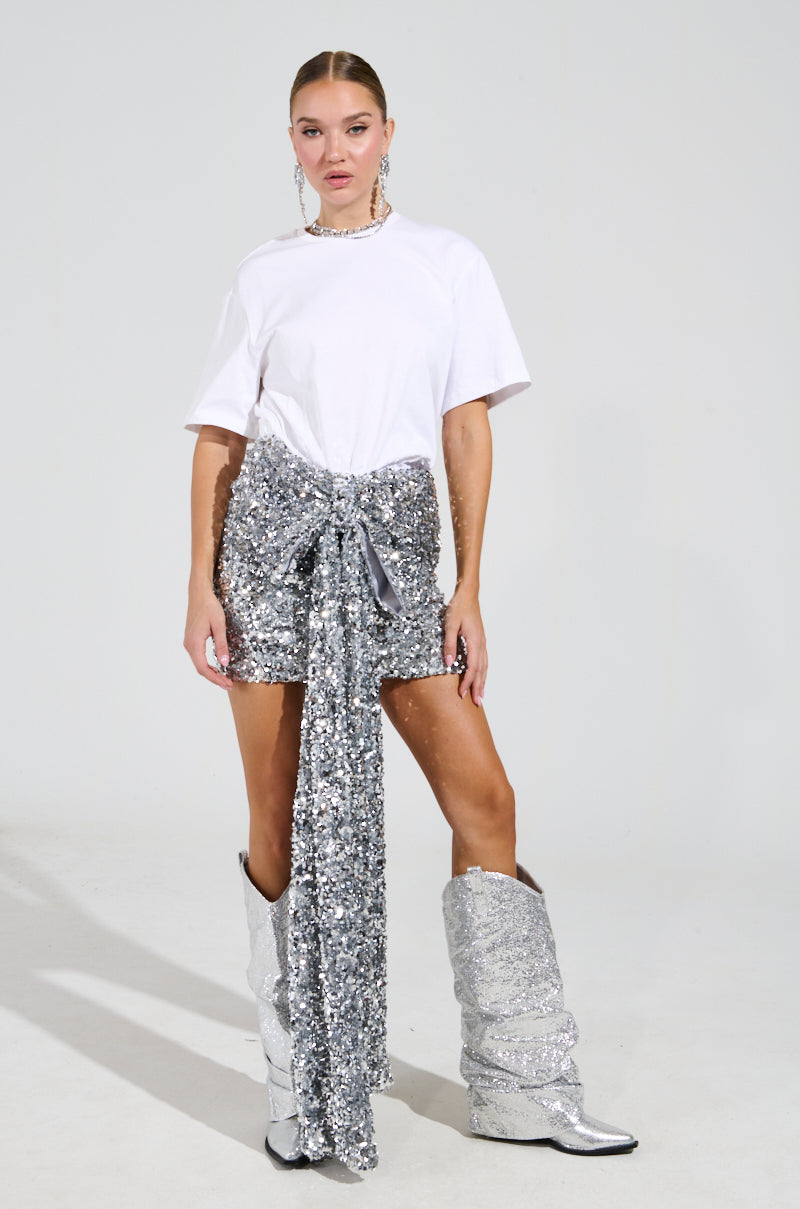 COOLEST AT THE PARTY SEQUIN SHIRT DRESS WITH BOW – AKIRA