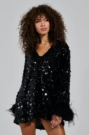 WOKE UP LIKE THIS SEQUIN MINI DRESS WITH FEATHERS – AKIRA