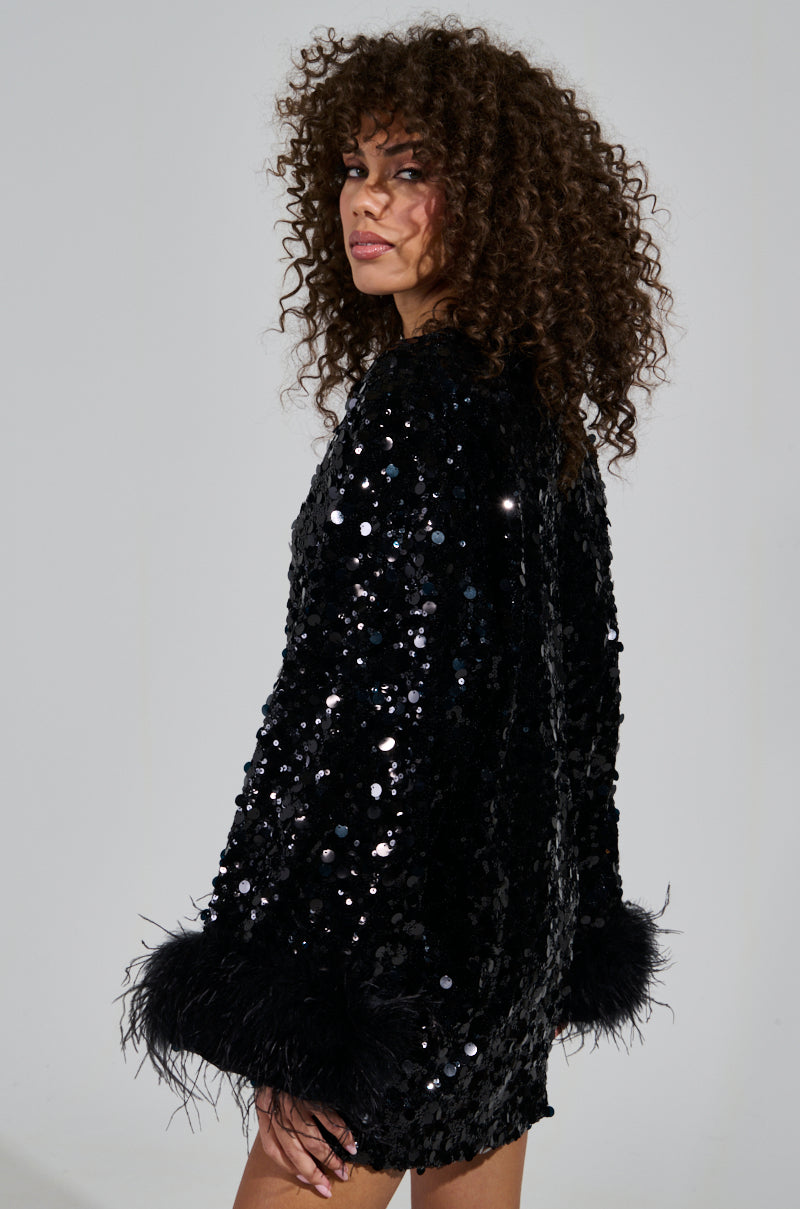 WOKE UP LIKE THIS SEQUIN MINI DRESS WITH FEATHERS AKIRA WOKE UP LIKE THIS SEQUIN MINI DRESS WITH FEATHERS AKIRA