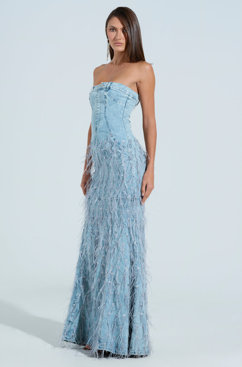 BRITTANY FEATHER DENIM MAXI DRESS AKIRA BRITTANY FEATHER DENIM MAXI DRESS AKIRA