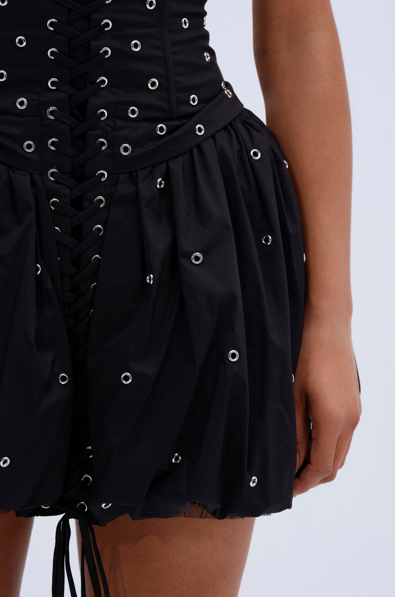 ON THE EDGE BUBBLE MINI DRESS WITH GROMMETS AKIRA ON THE EDGE BUBBLE MINI DRESS WITH GROMMETS AKIRA