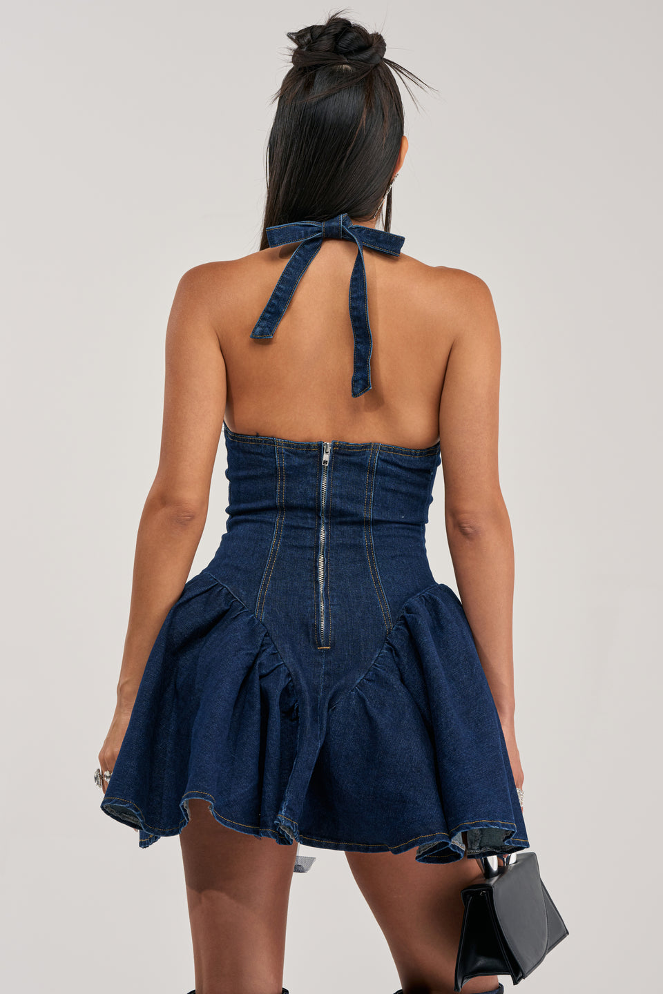 STYLE AND GRACE MINI DRESS IN DARK BLUE DENIM – AKIRA
