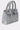 The SWERVE BLING PURSE is a silver crocodile-patterned handbag, fully covered in sparkling rhinestones. It features two rhinestone-encrusted handles plus a decorative front buckle and zipper for added style.