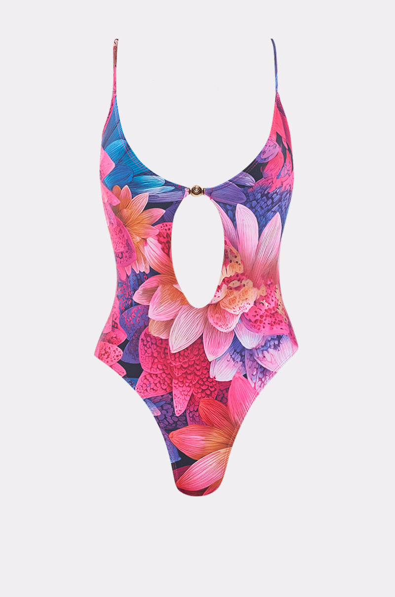 The IM RICH SWIMSUIT is a one-piece with pink, purple, and orange floral patterns, a front keyhole cutout, and thin shoulder straps. 2