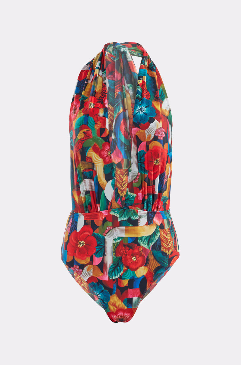 The SWEET LIFE SWIM SUIT is a vibrant one-piece with a halter neck, featuring bold red, blue, yellow, and green floral and geometric patterns on a white background. 2