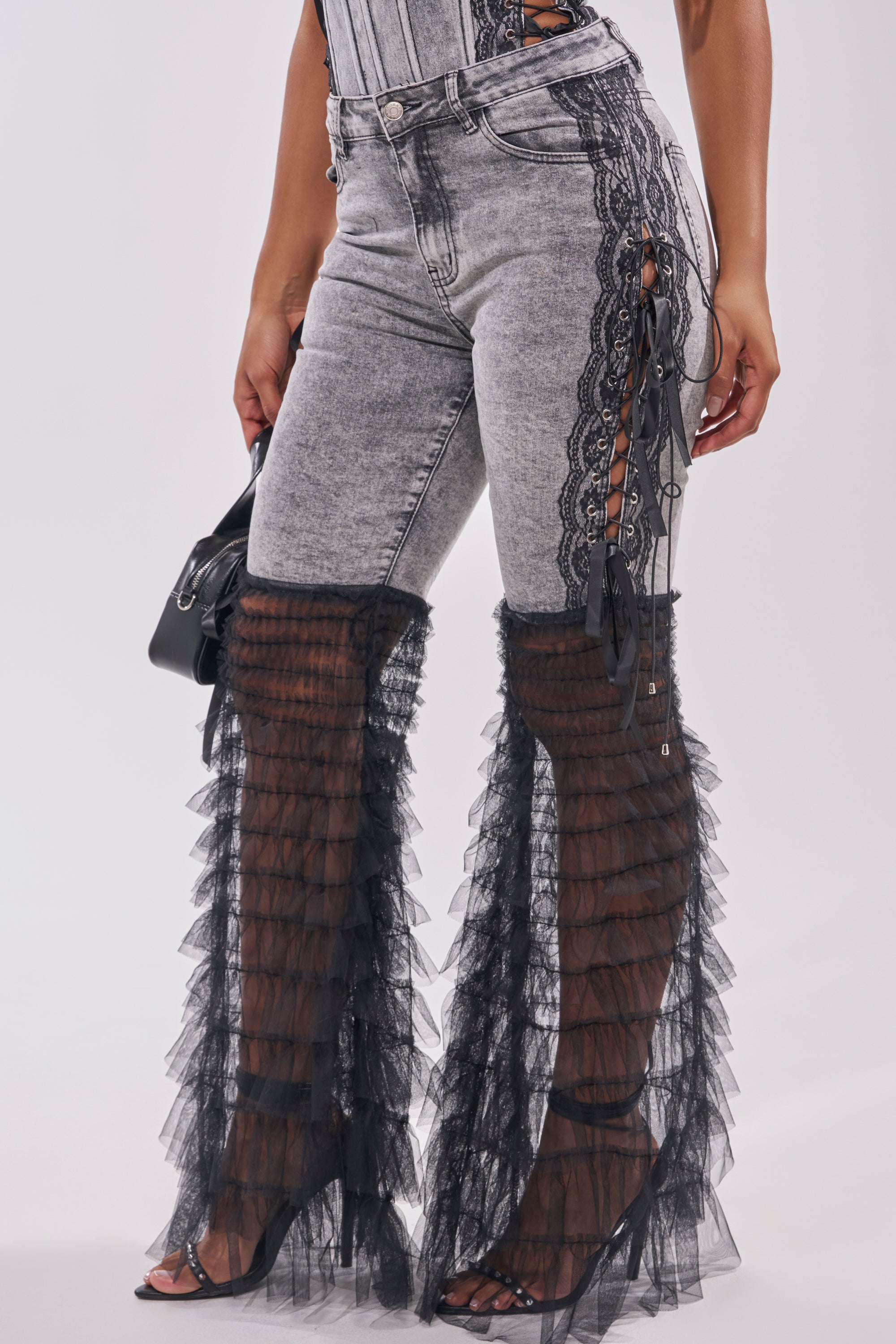 TICKED AND TIED LACE DETAIL FLARE DENIM – AKIRA