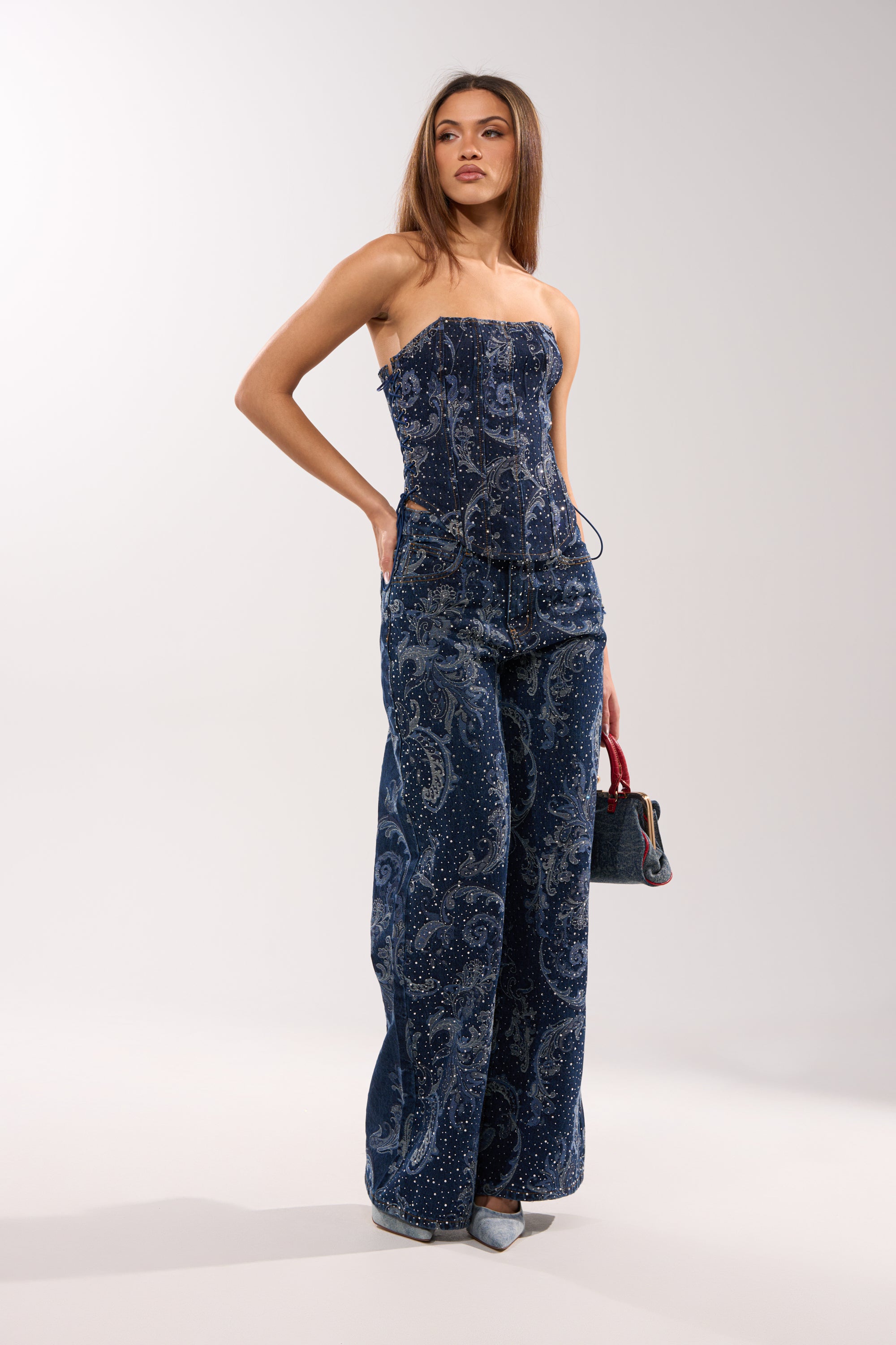 ELEVATED WIDE LEG DENIM WITH RHINESTONES – AKIRA