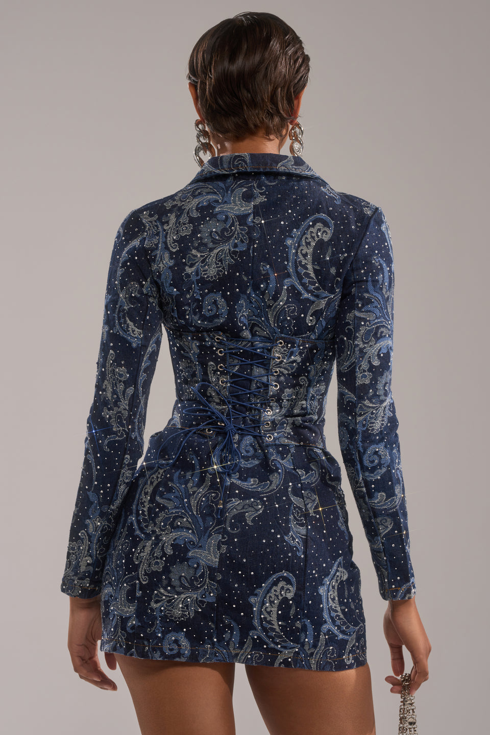denim patchwork long sleeve blazer suit mini dress white christmas dresses Denim Patchwork Long Sleeve Blazer Suit Mini Dress Micas