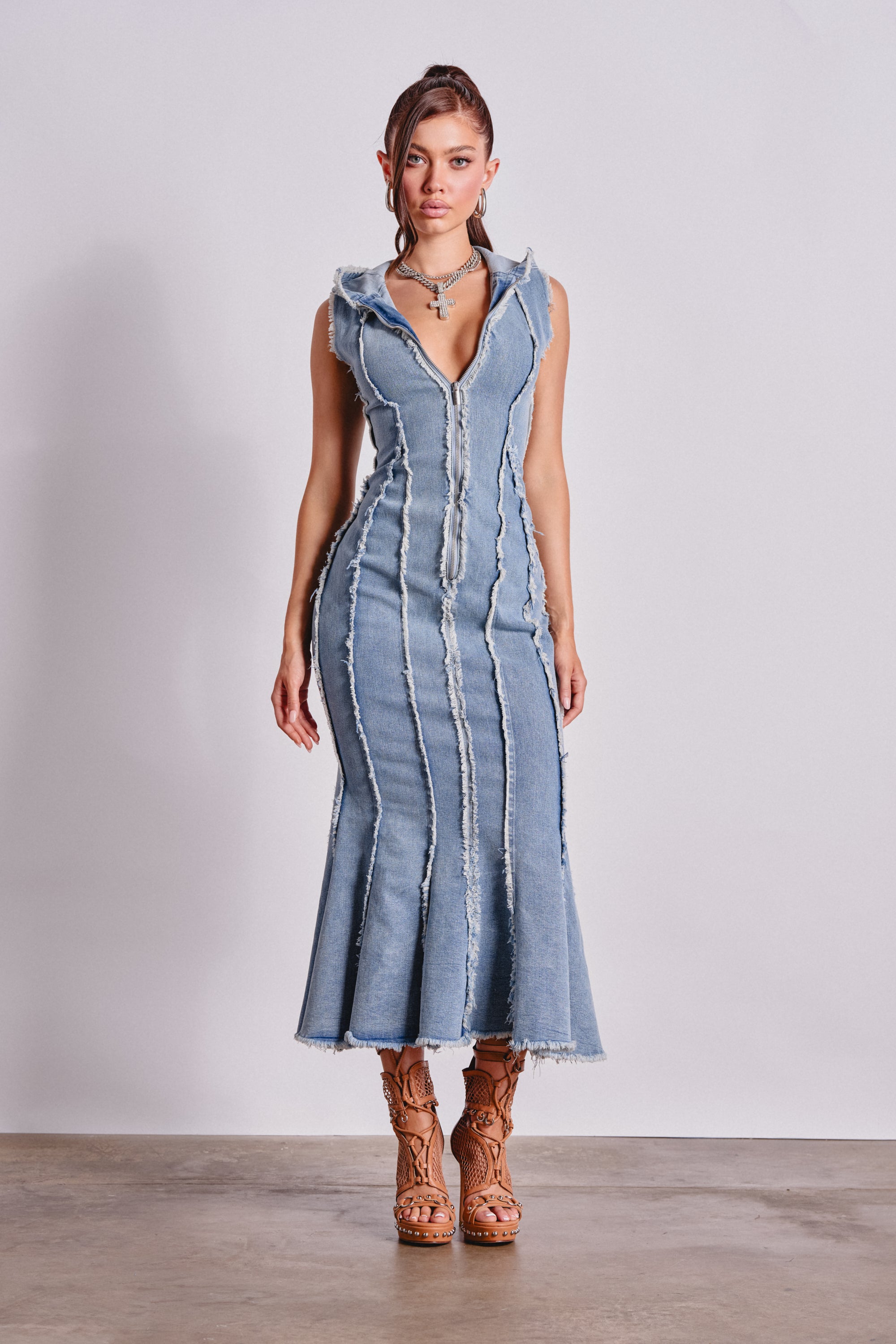 AKIRA Catch My Swag Denim Hooded Maxi Dress