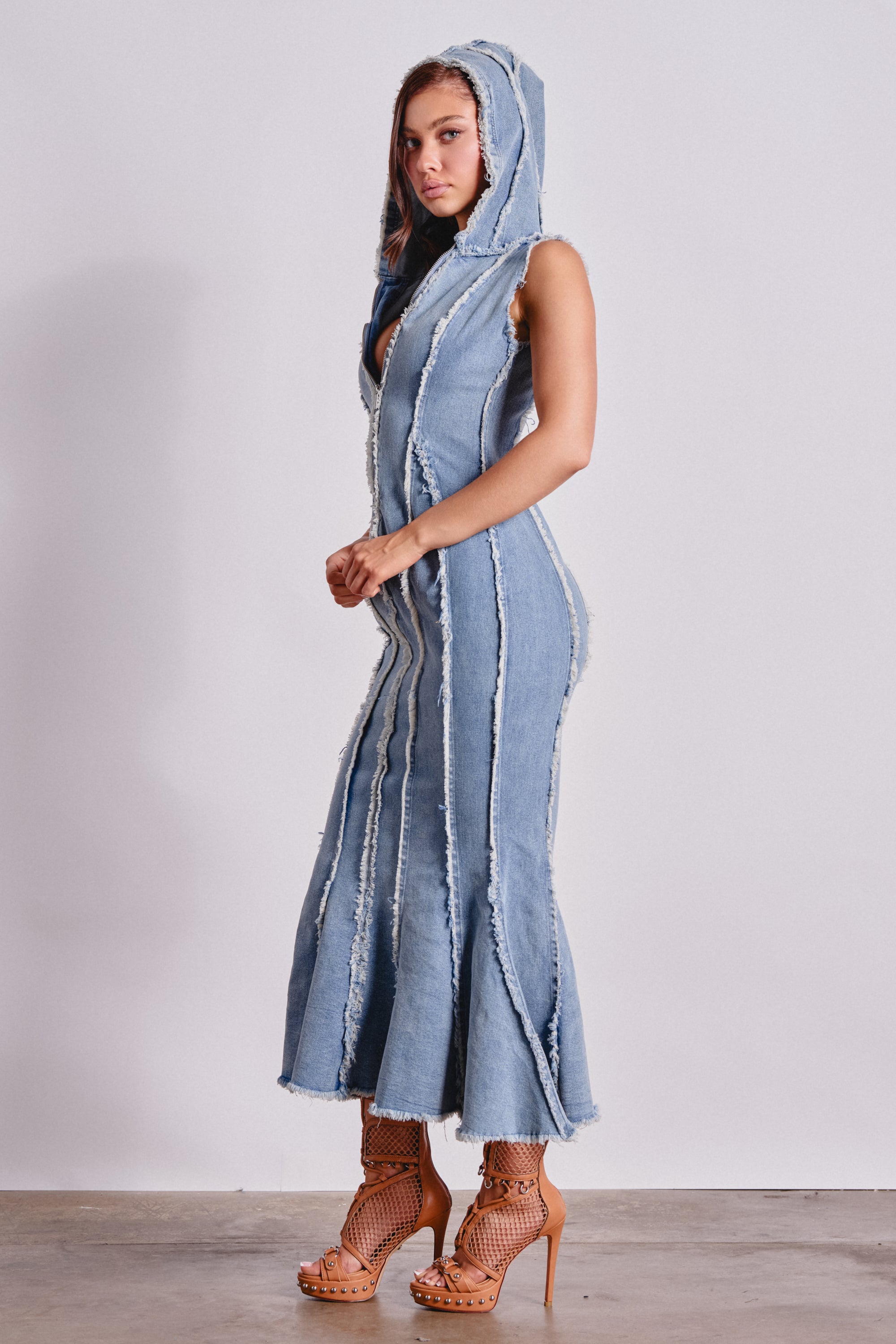 CATCH MY SWAG DENIM HOODED MAXI DRESS – AKIRA