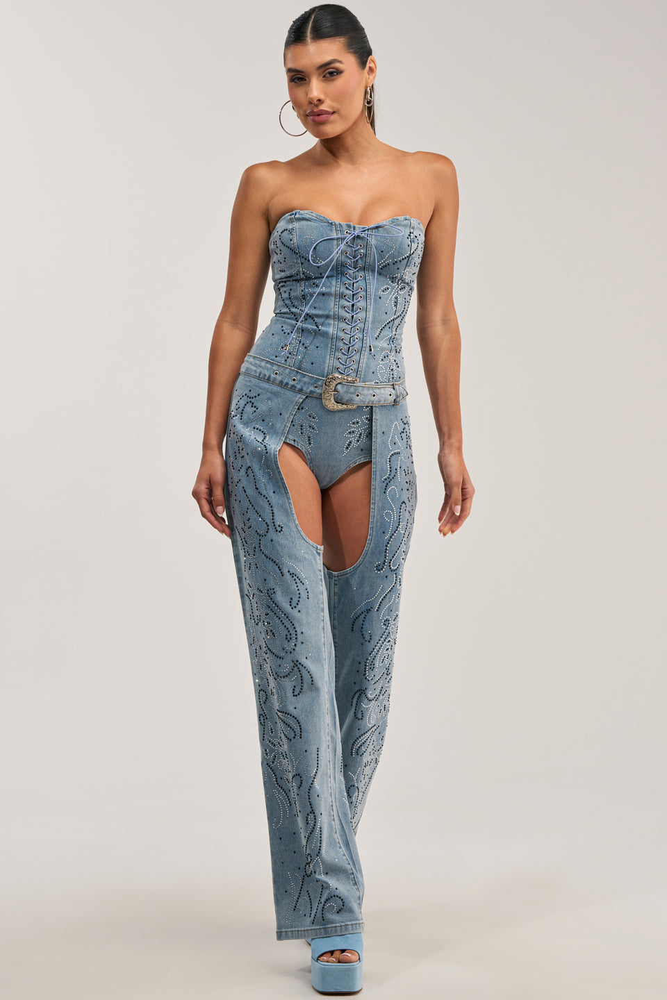 AKIRA Cowgirl Nights Rhinestone Denim Chaps | Black