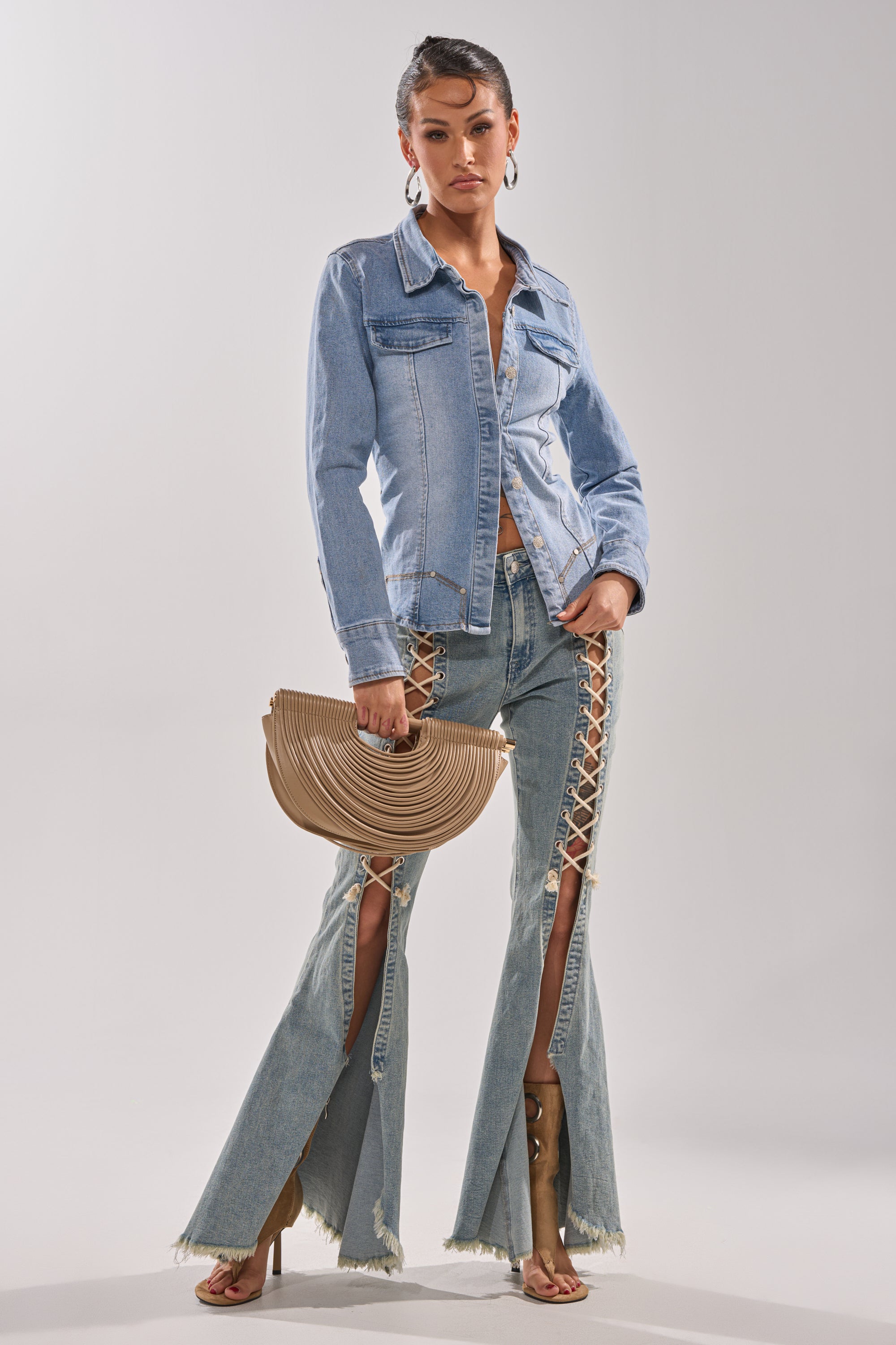 CRAZY ENOUGH LACE UP FLARE DENIM – AKIRA