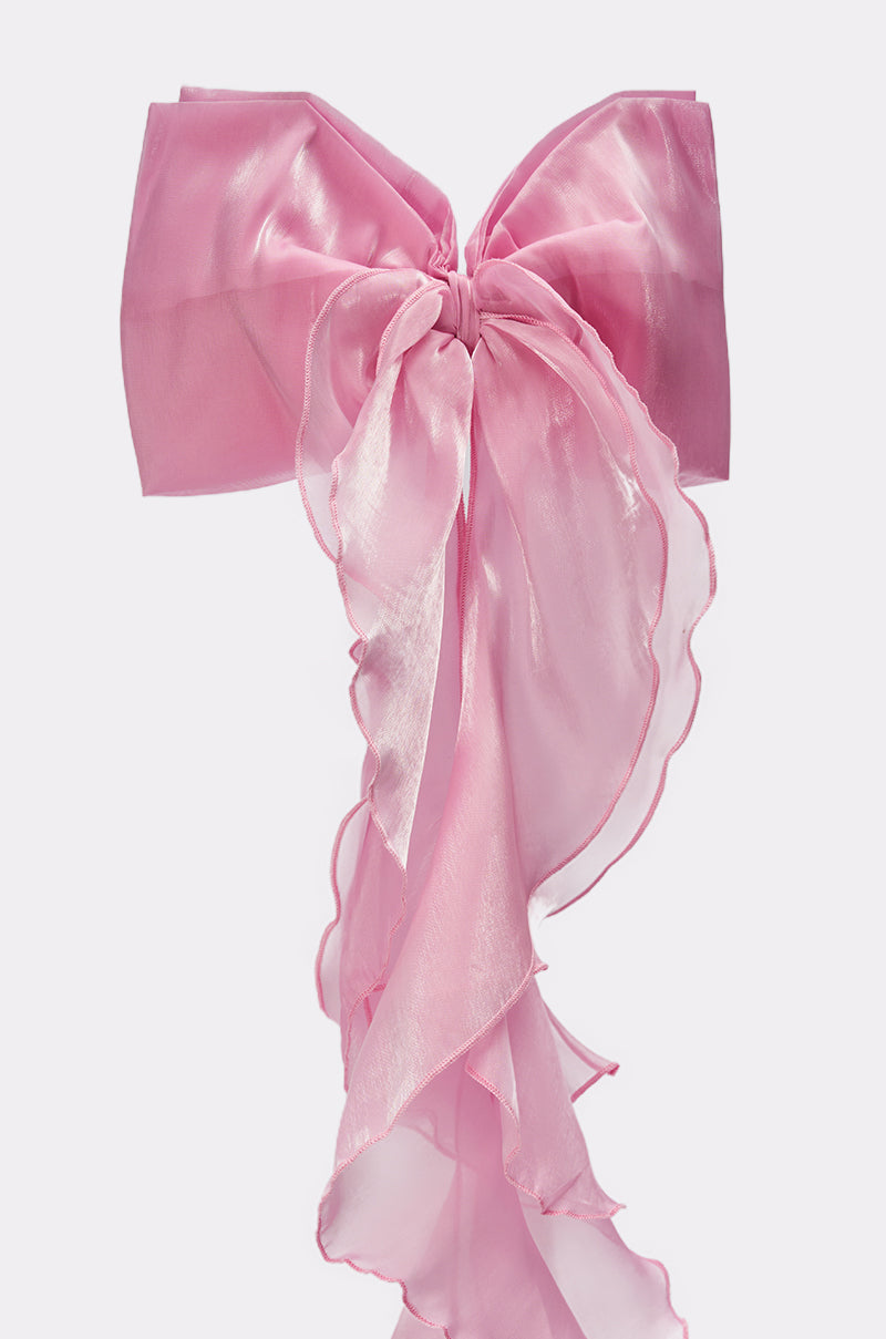 The MY LOVE CHIFFON HAIR BOW is a large, sheer pink organza hair accessory with long tails, making a bold statement clip against a plain white background. 4