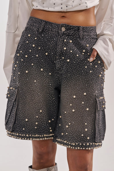 Black Denim Cargo Shorts with Beads and Studs | AKIRA