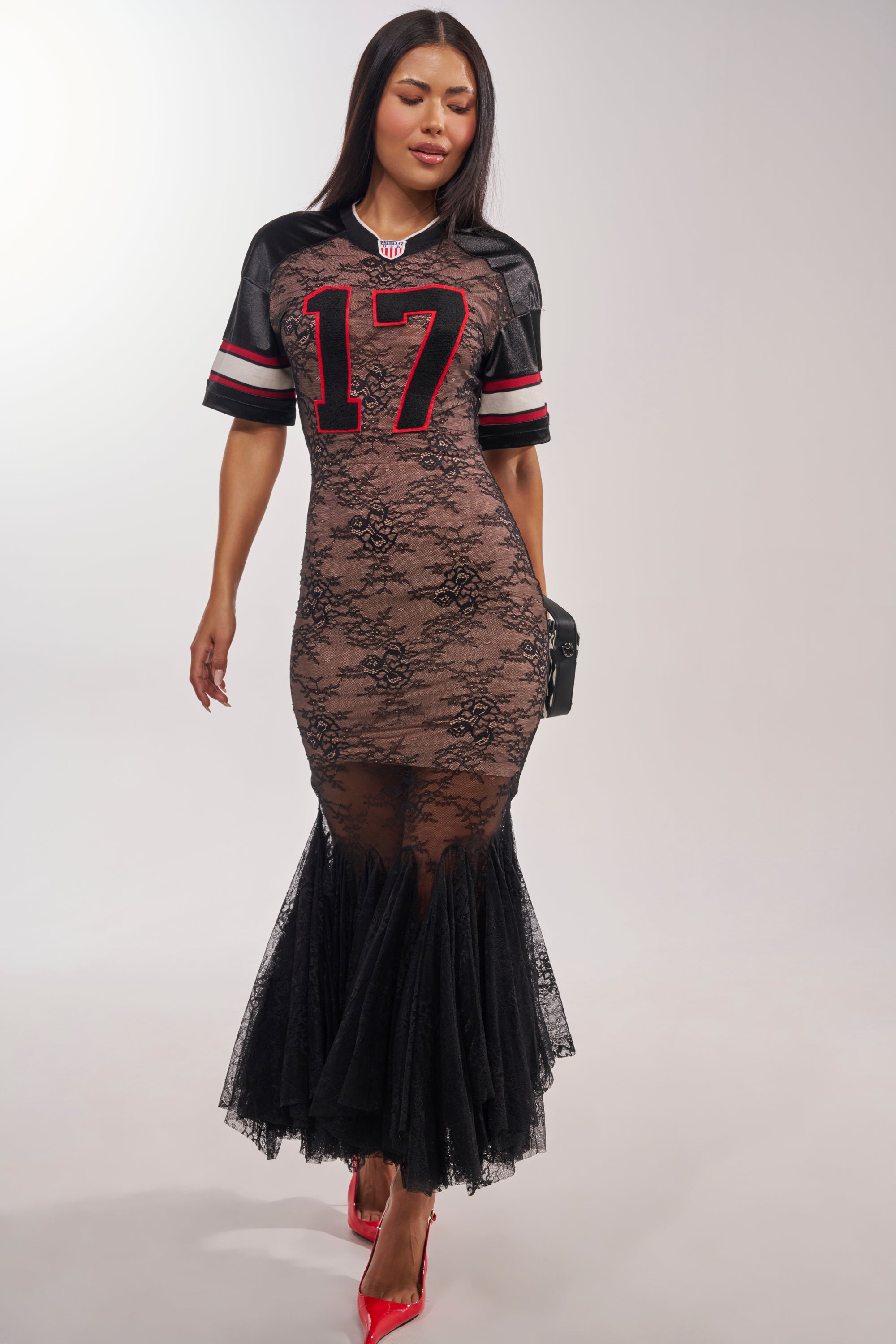 LAYUP LACE JERSEY MIDI DRESS IN BLACK AKIRA LAYUP LACE JERSEY MIDI DRESS IN BLACK AKIRA