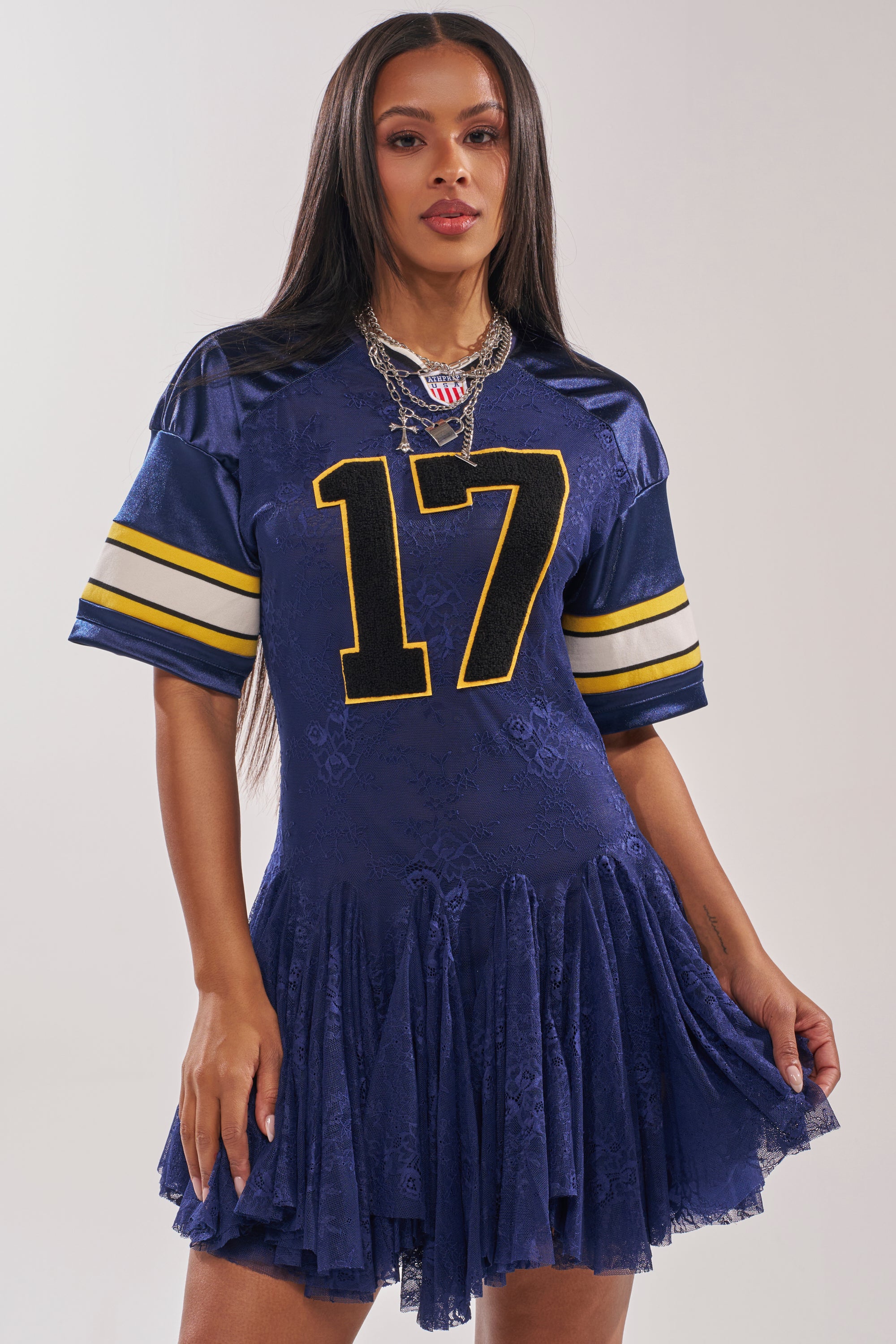 AKIRA Varsity Blues Lace Mini Dress