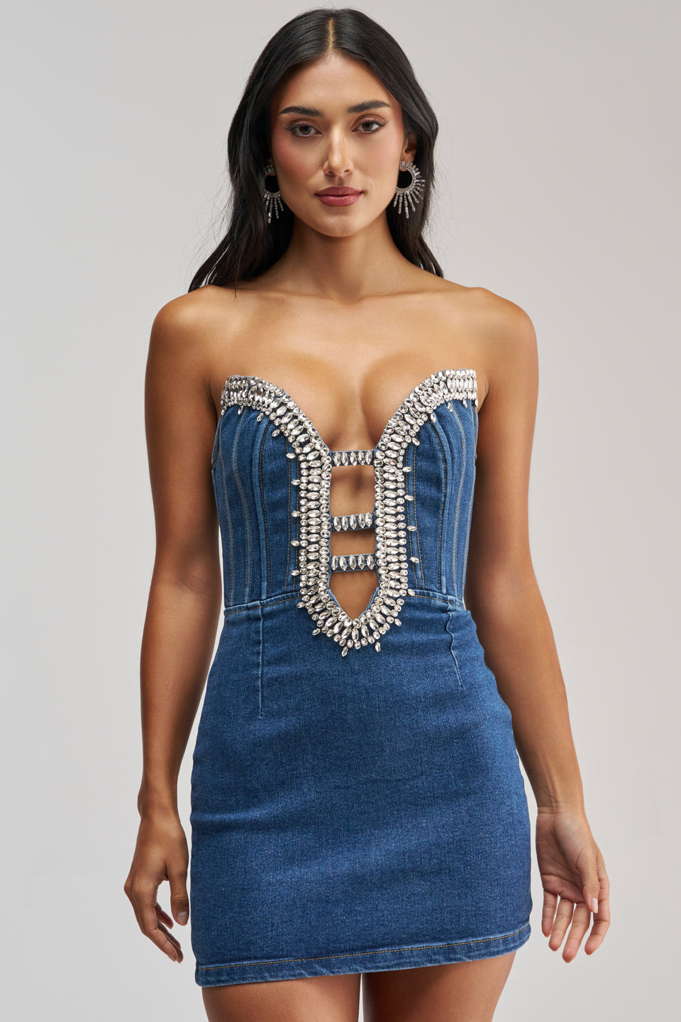 FEELIN THE LOVE RHINESTONE DENIM MINI DRESS