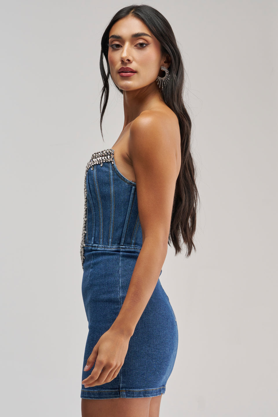 FEELIN THE LOVE RHINESTONE DENIM MINI DRESS – AKIRA