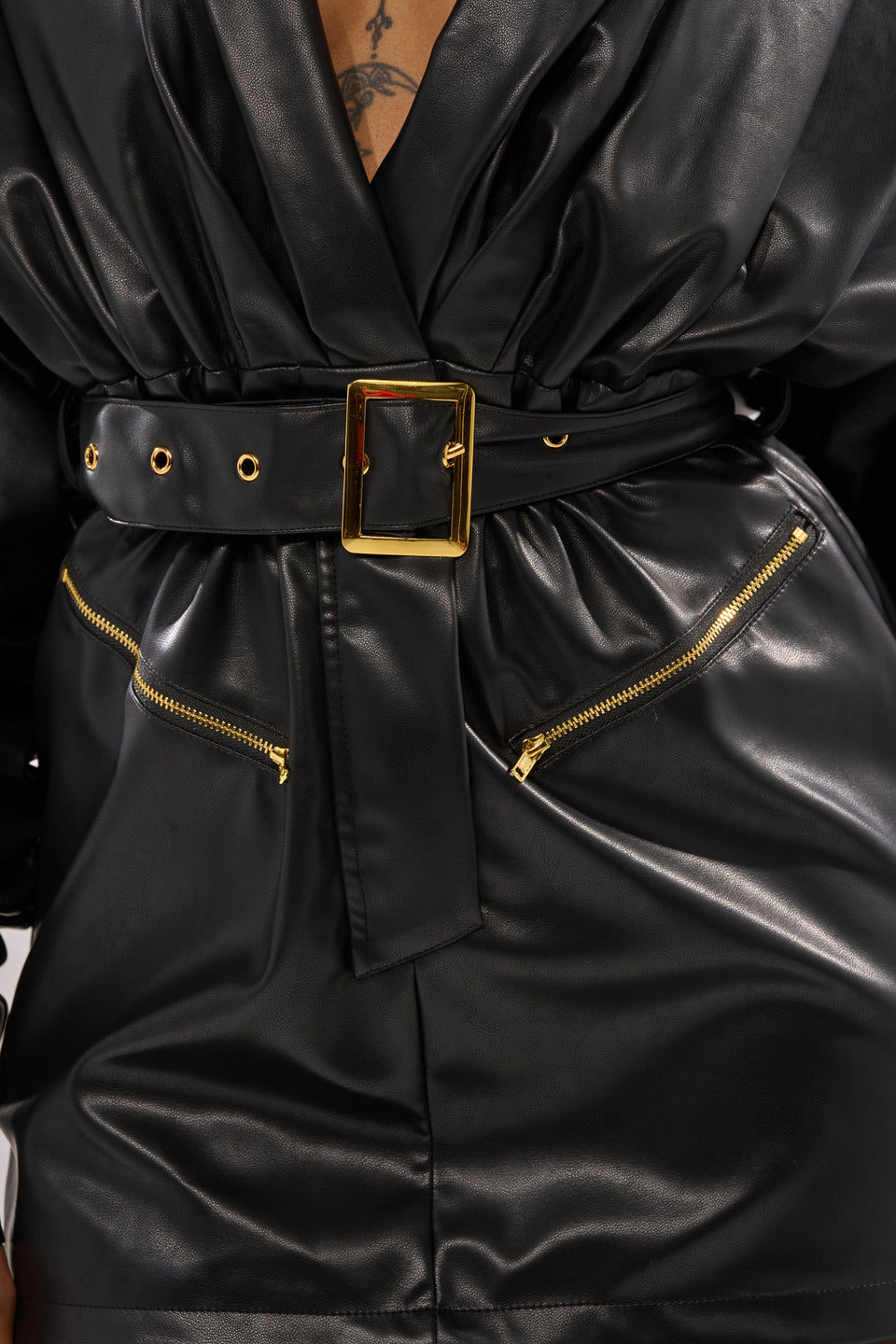 akira black leather dress FAUX LEATHER SURPLICE NECKLINE MINI DRESS
