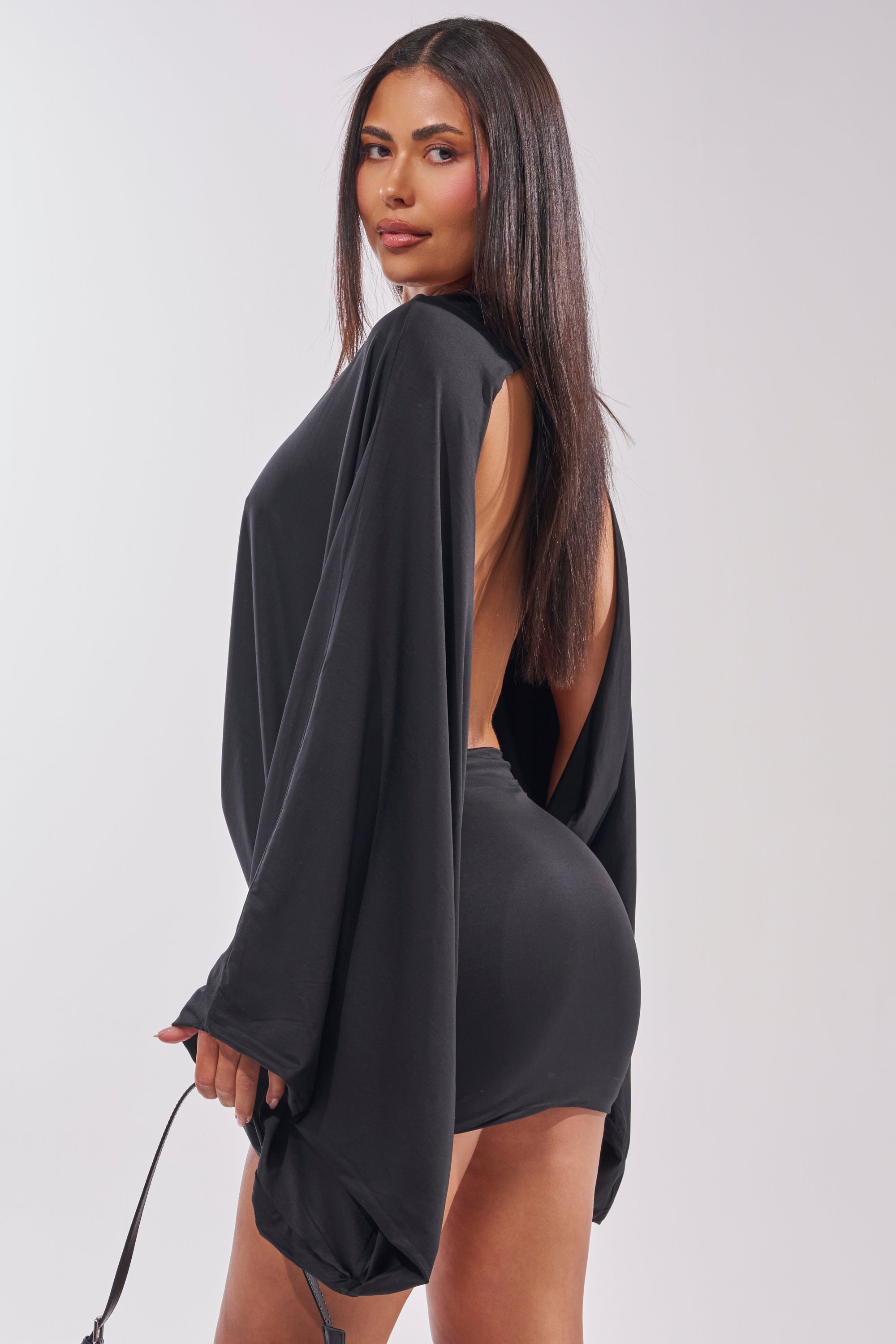 draped open-back a-line mini dress in black reviews Lace-Up Draped Mini Dress in Black - 2
