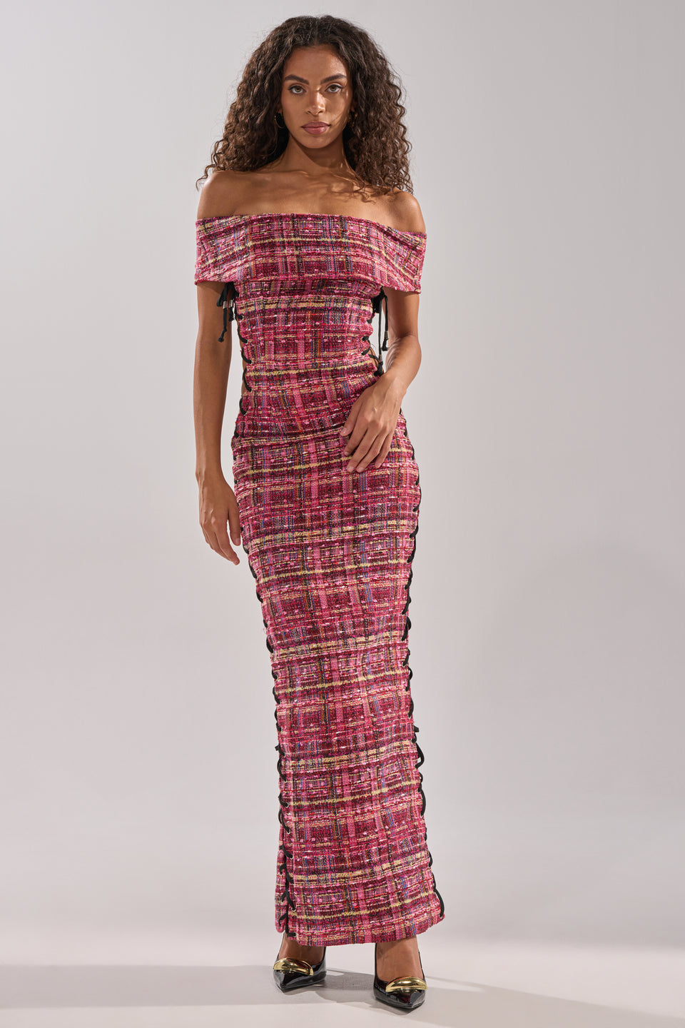 off shoulder tweed dress Plaid Off-Shoulder Tweed Midi Dress XL