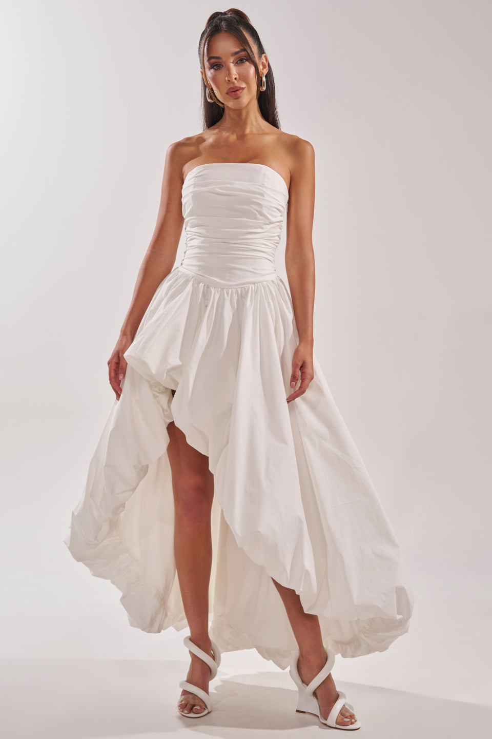White Strapless Maxi Gown with Lace Trim