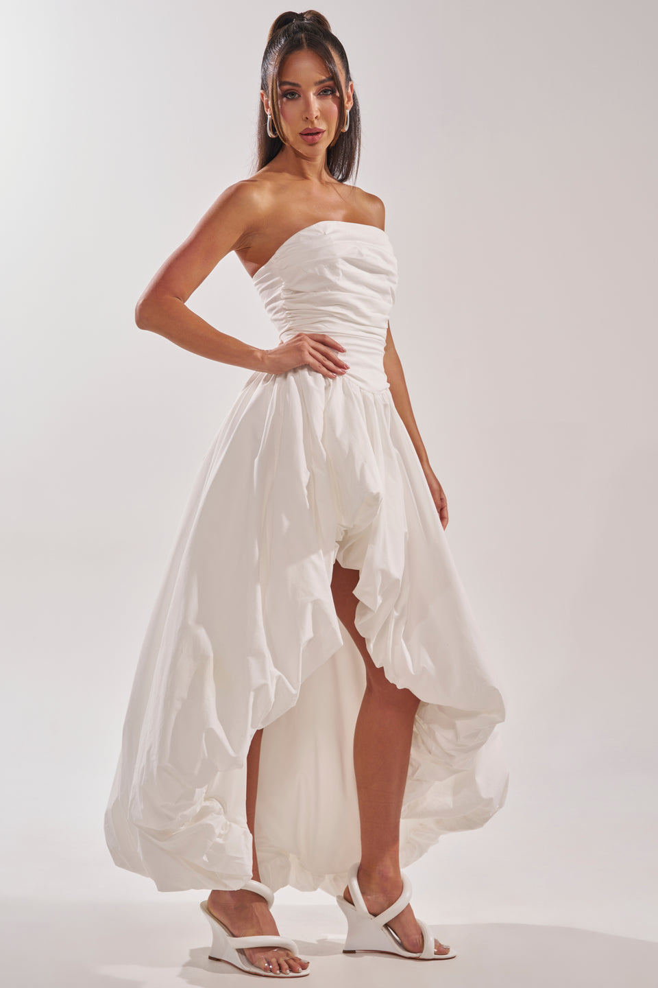 White Strapless Maxi Gown with Lace Trim