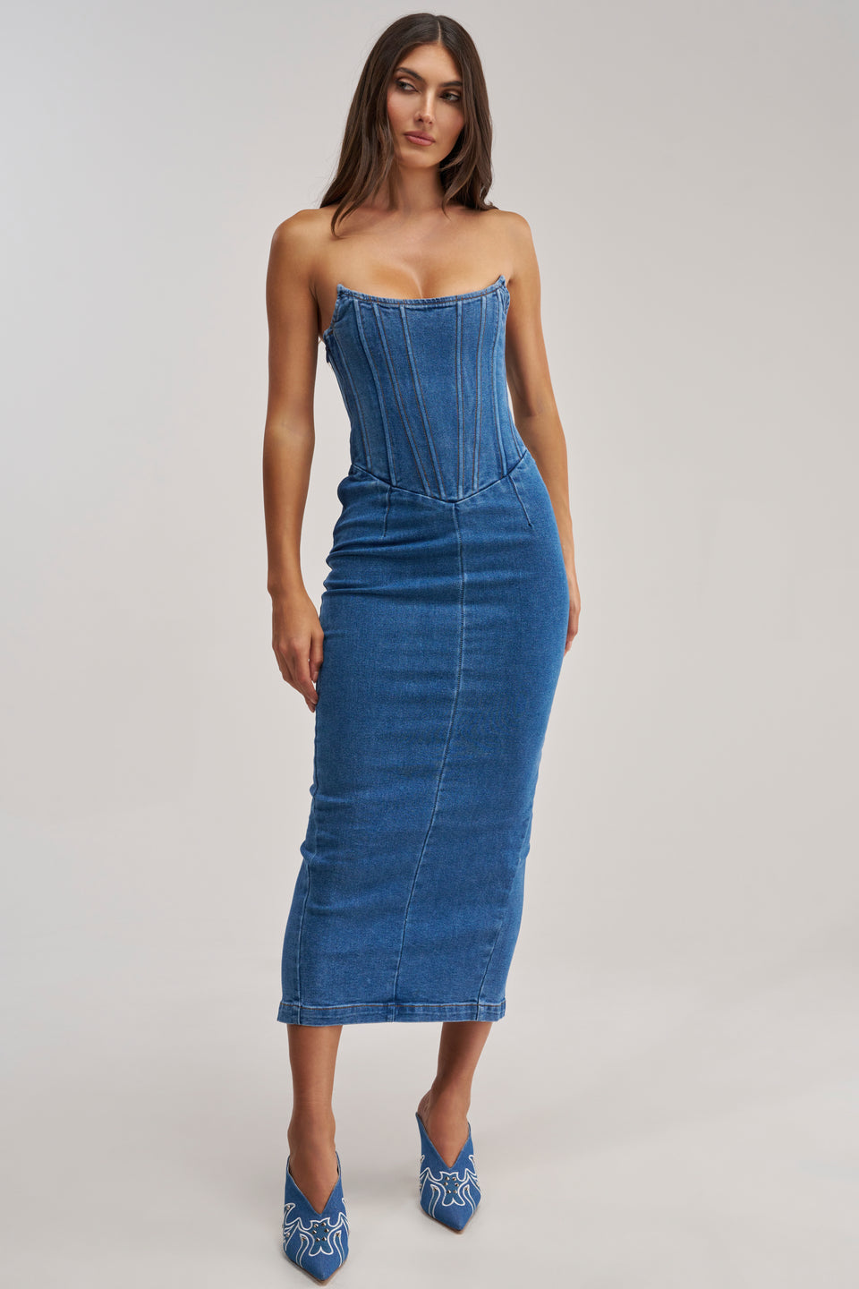 denim bustier maxi dress Denim Bustier Dress - Black