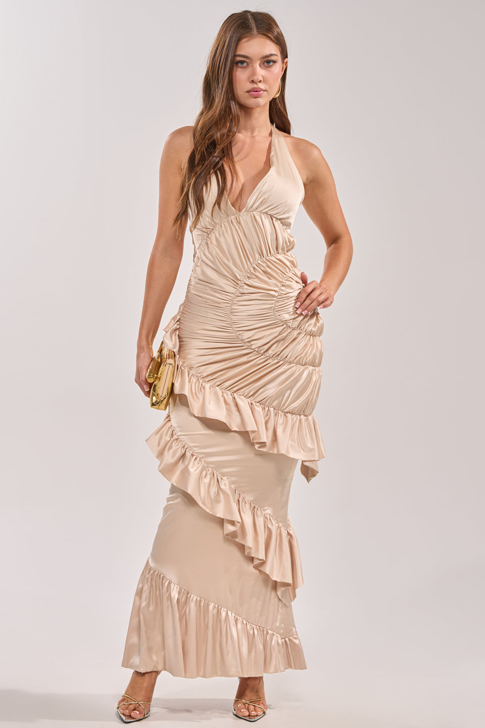 ruffle satin dress MAKE YOU MINE RUFFLE SATIN MAXI DRESS – AKIRA