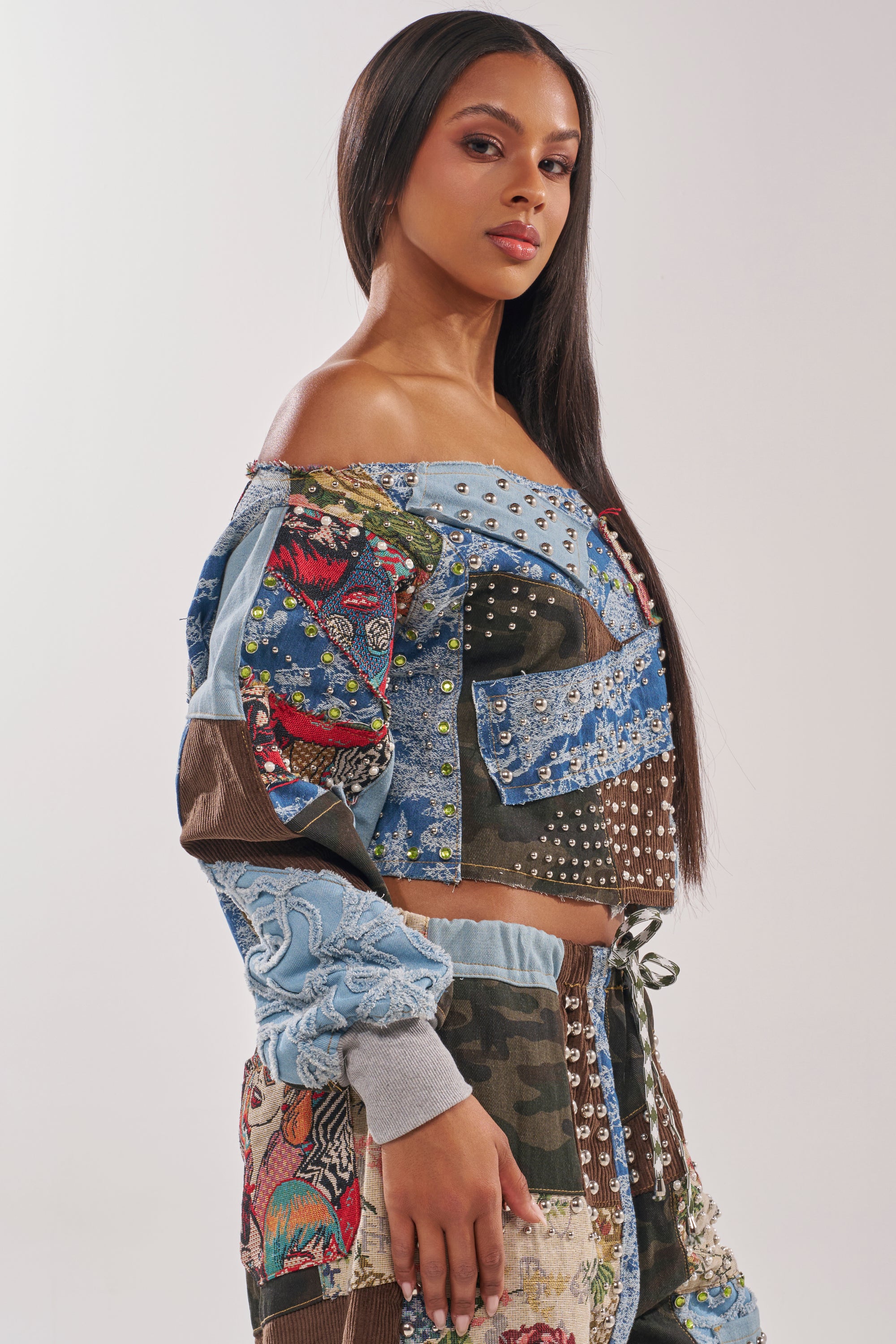 CALL ME CRAZY PATCHWORK OFF THE SHOULDER SWEATSHIRT – AKIRA