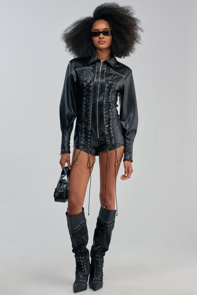Faux Leather Long Sleeve Slim Romper | AKIRA