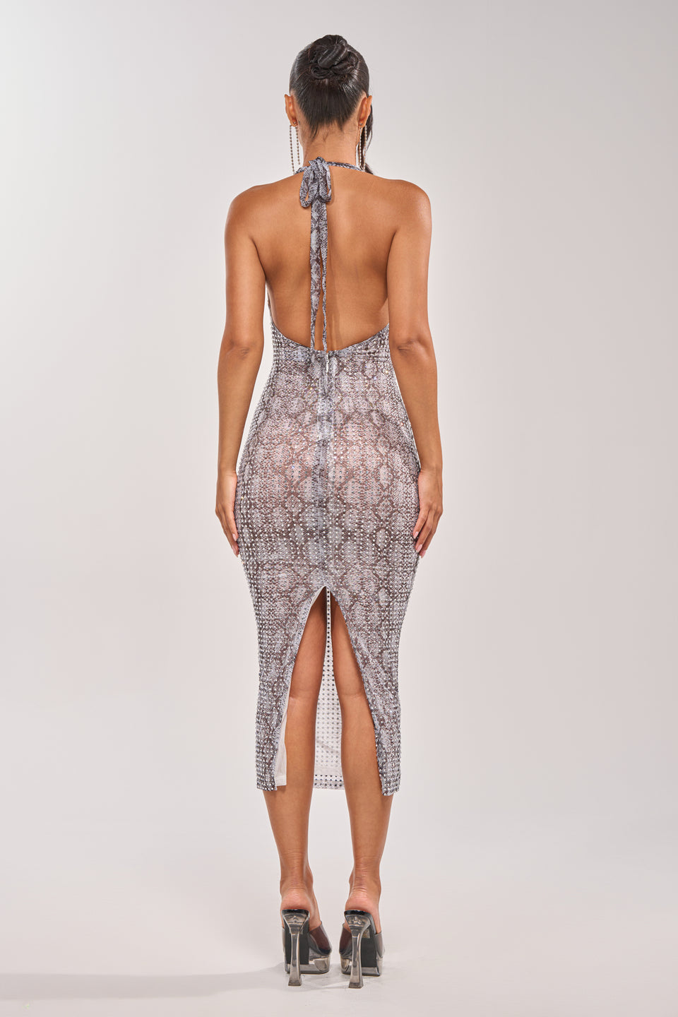 LENNON PRINTED MESH RHINESTONE MIDI DRESS IN PYTHON – AKIRA