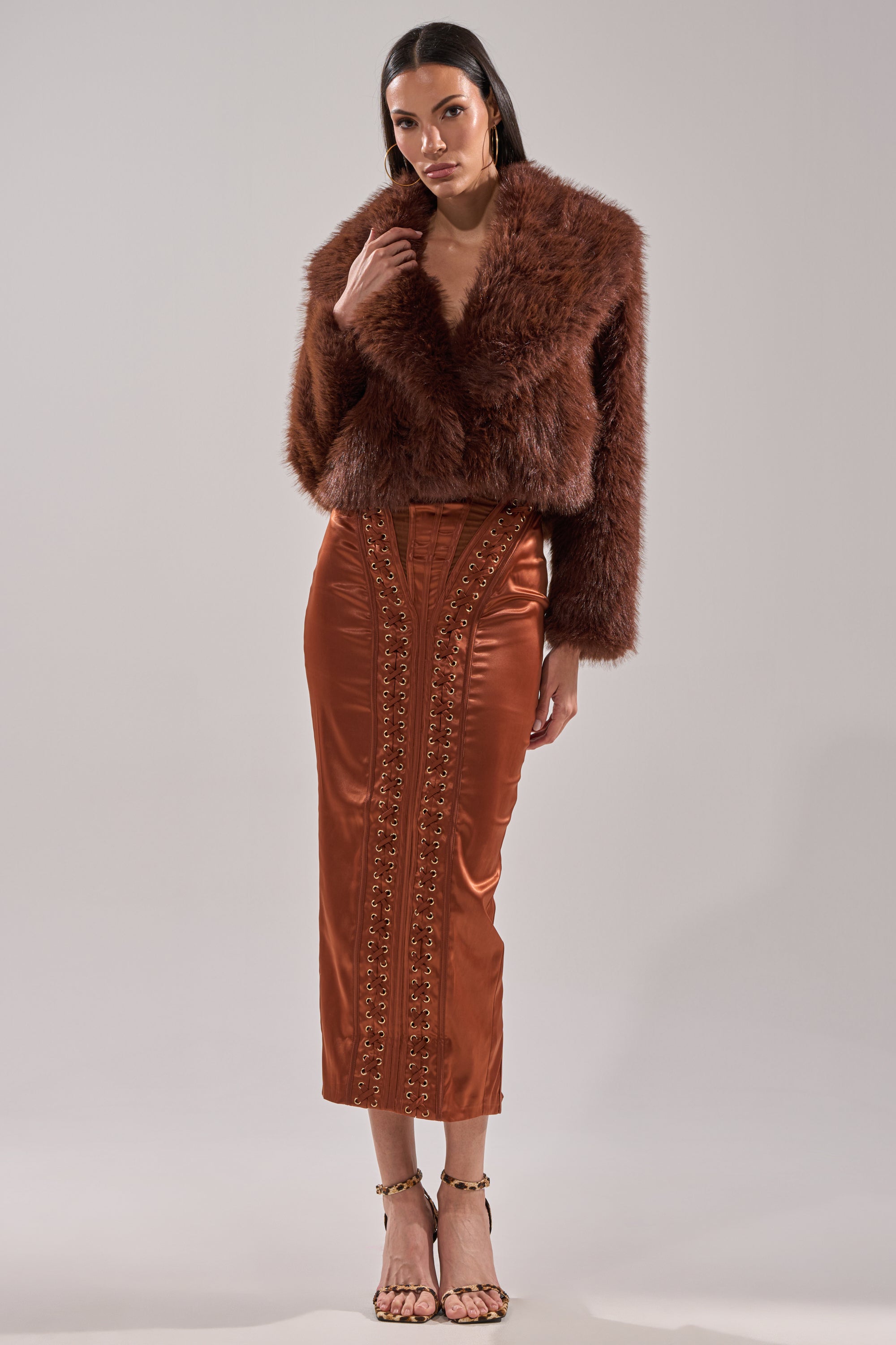 WOAH BABY SATIN MIDI DRESS IN CHOCOLATE – AKIRA