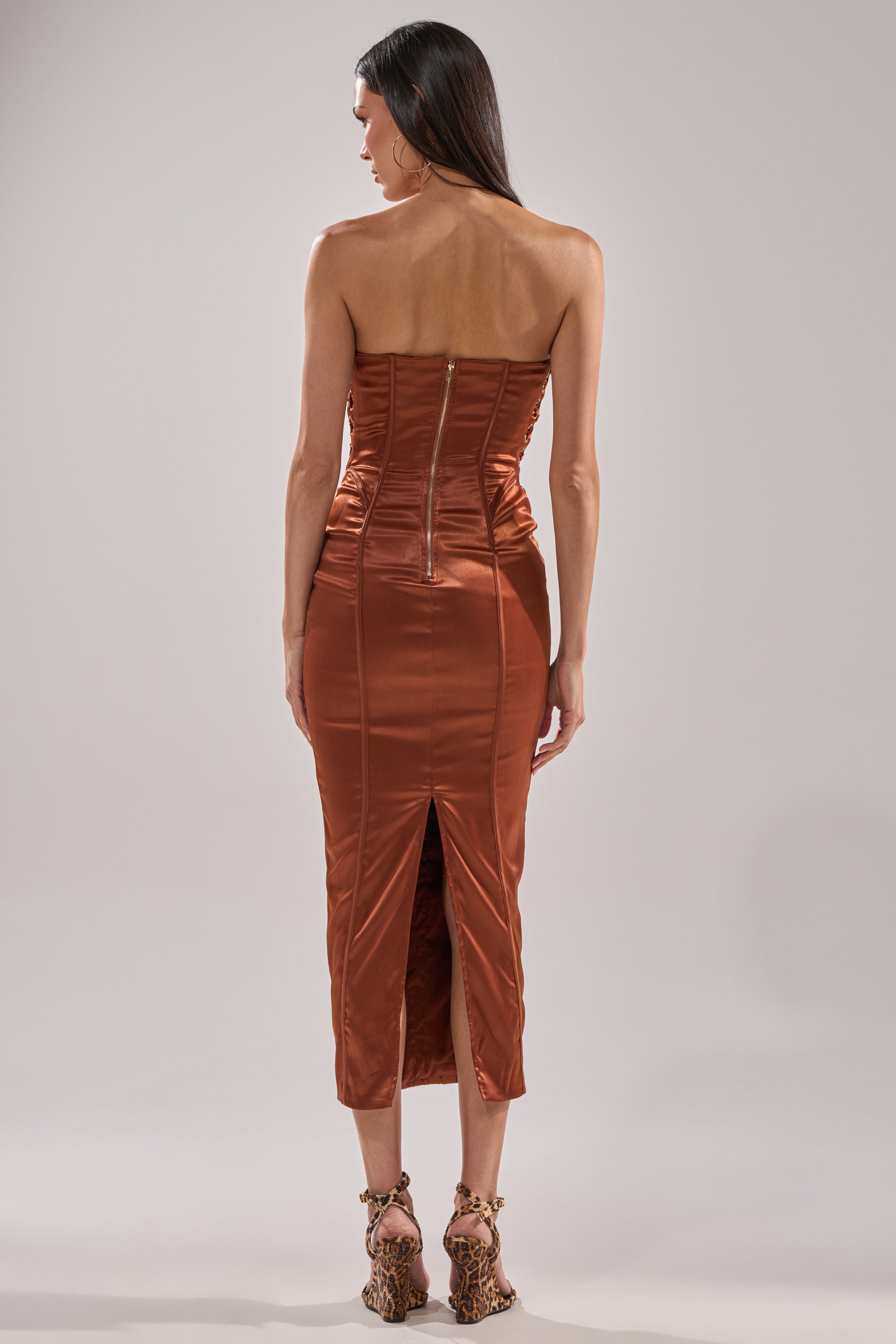 chocolate satin midi dress WOAH BABY SATIN MIDI DRESS IN CHOCOLATE – AKIRA