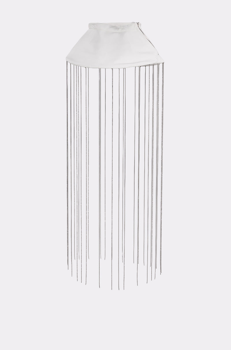The REALLY LIKE THAT BELT features a solid white waistband with dramatic long rhinestone fringe chains cascading to the floor—perfect as eye-catching clubwear, displayed against a plain light background. 4