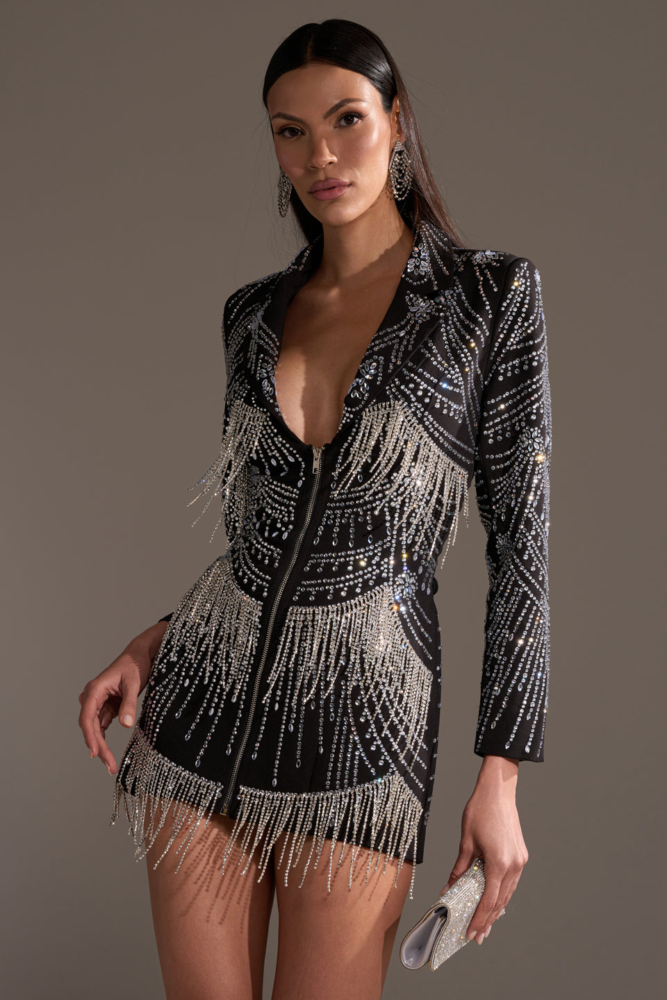 blazer dress low cut Long Sleeve Plunge Front Trim Detail Blazer Dress In Black | EGO US