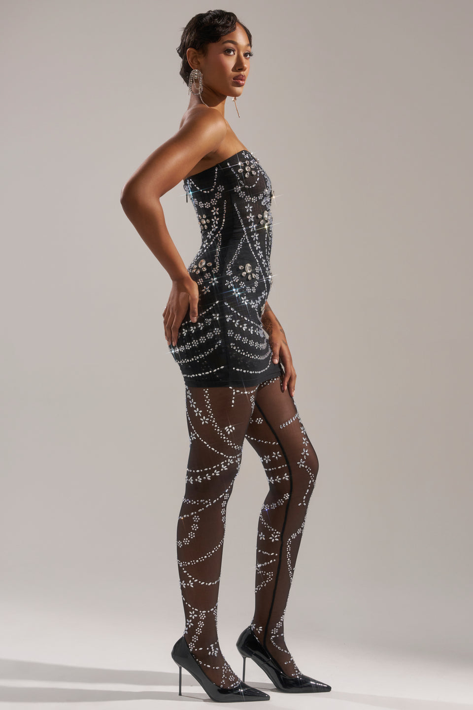 mesh rhinestone two-piece dress Women Sexy Two Piece Set Mesh Rhinestone Beading Skinny Club Wear Dress #S2